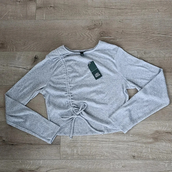 Wild Fable NWT Ruched Drawstring Blouse Heather Gray Long Sleeve Fitted Top New - Picture 3 of 3
